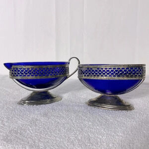 Vintage Silver Tone Pedestal Cobalt  Blue Glass Royal Sapphire Cream & Sugar Set